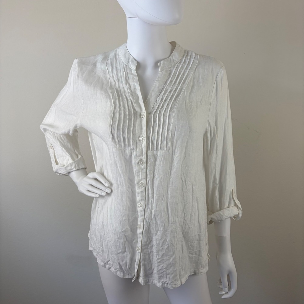 Kim Rogers Petite White 100% Linen Pintuck Button Down Shirt 3/4 Roll Tab Sleeve